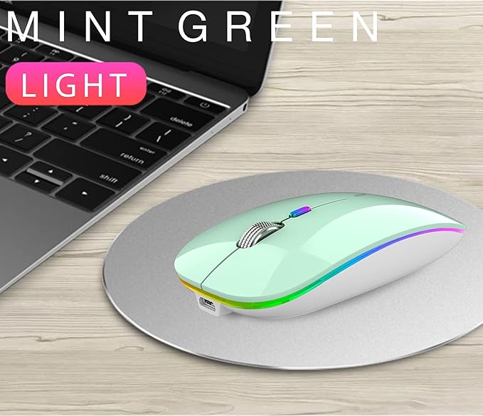 Uiosmuph LED Wireless Mouse, G12 Slim Rechargeable Silent Mouse, 2.4G Portable USB Optical Wireless Computer Mice with USB Receiver and Type C Adapter (Mint Green)