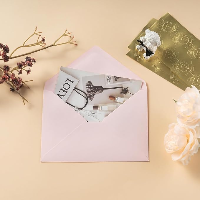 50 Pack Colored A7 Invitation Envelopes 5x7 Pink, 5 1/4 x 7 1/4 in | 5 Colors Envelopes with Gold Stickers For Cards and Invitations