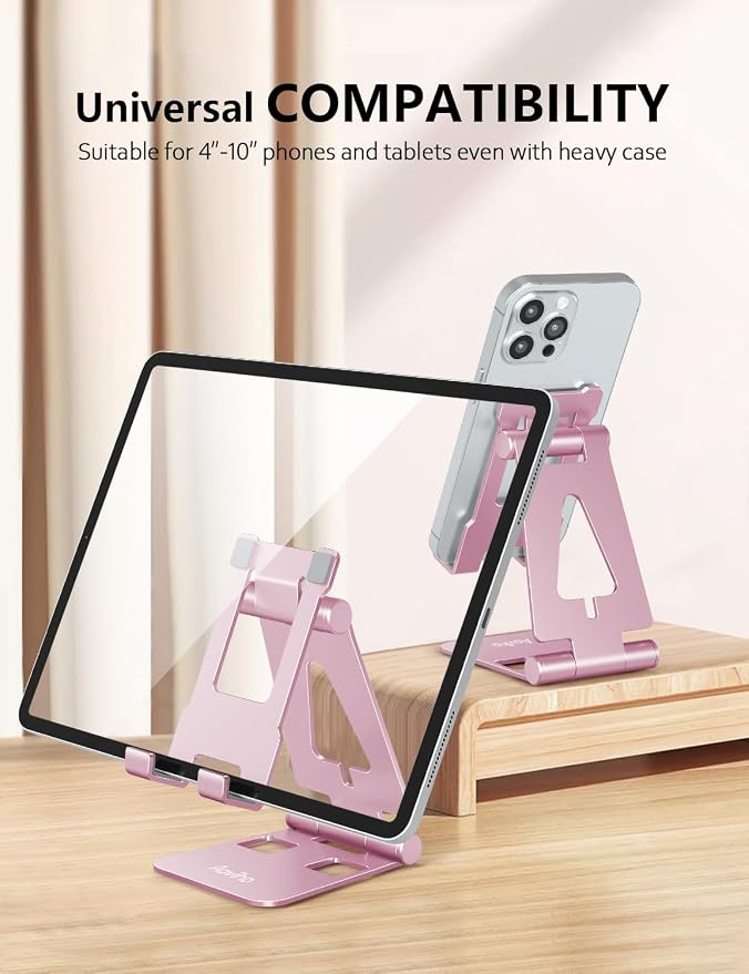 Aoviho Foldable Cell Phone Stand for Desk, Holder for iPhone,Pink | Folds Flat for Easy Storage, Hands-Free Viewing, Fits iPhone 17/16/15 Series & Samsung Galaxy, Ideal for Office & Home