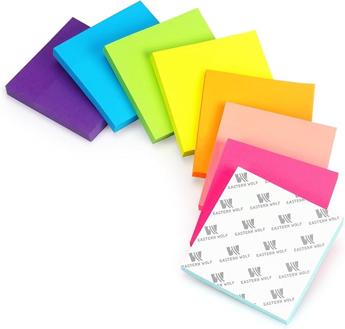 Eastern Wolf Sticky Notes 3x3 inch, 8 Bright Multi Colors, 85 Sheets/Pad | Self-Stick, Multi-Color, Removable & Residue-Free