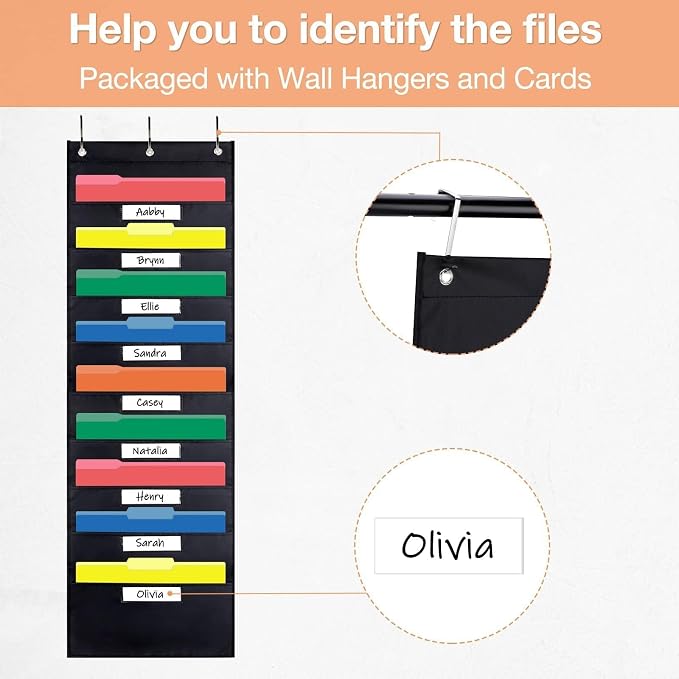 Opret 10 Pockets Storage Pocket Chart with 10 Nametag Pockets, Hanging Wall File Organizer for File Folders with 3 Hangers for Classroom, Office, School Mailbox Organizer and Home (Black)