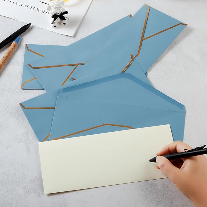 50 Pack #10 Business Envelopes, Dusty-Blue, 4 1/8 x 9 1/2 Inches | Gold Border, Self Seal Standard Envelopes with Gold Stickers for Office, Checks, Letter Mailing, Invoices