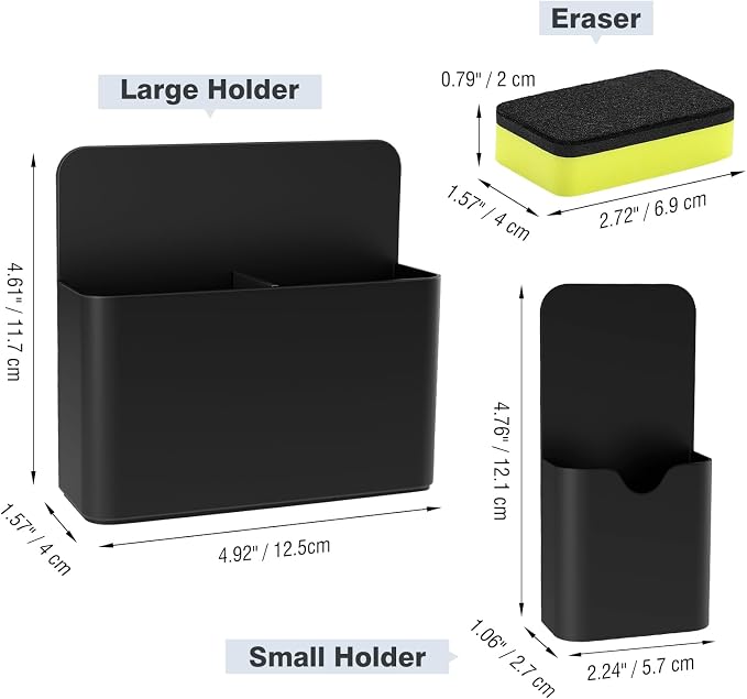 MoKo Magnetic Pen Holder Set, 3-Pack with Eraser, Black | Magnetic dry erase marker holder set has one large divided organizer, two small holders and one eraser.