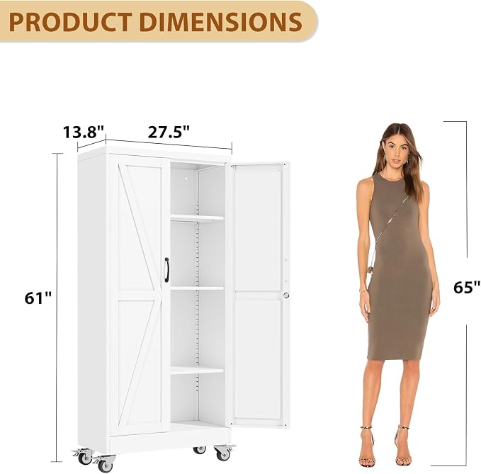 61" Metal Garage Storage Locker Cabinet with Wheels,Rolling White Farmhouse Kitchen Pantry Cabinet with 2 Doors and 3 Adjustable Shelves, Steel File Tool Cabinet for Home Office Warehouse