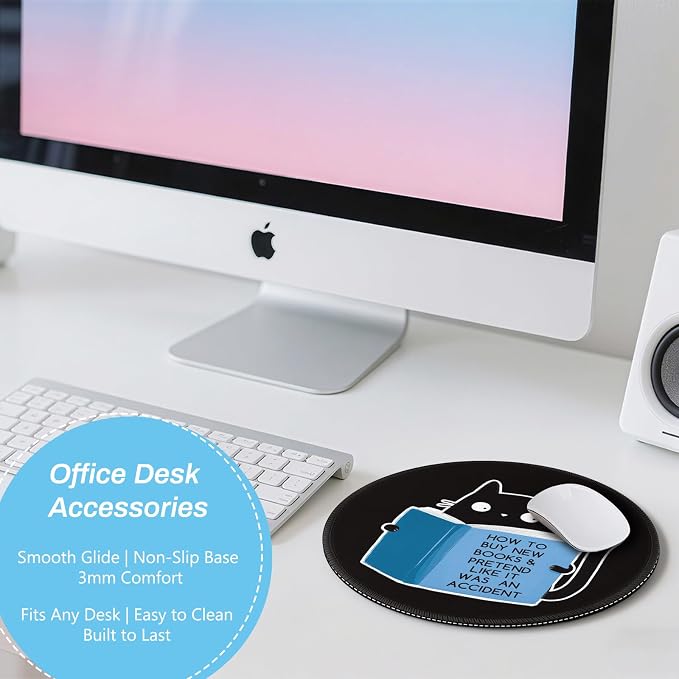 Gctriki Black Cat Book Mouse Pad, Small Mouse Pads for Desk Decor, 8.6 in | Non-Slip, Stitched Edge, Round Mouse Mat for Computer Laptop Travel, Cute Home Office Desk Accessories Supplies Women Gifts