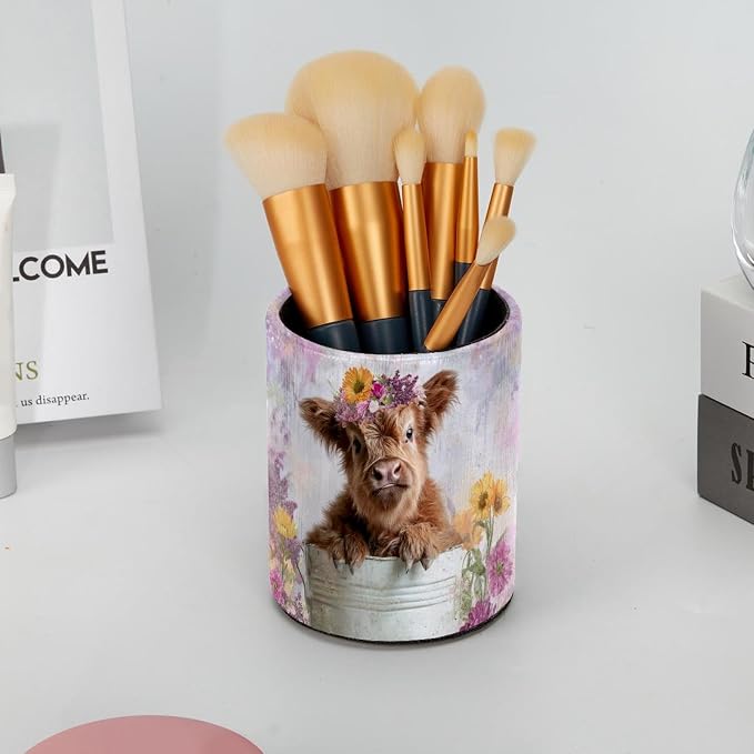 Leather Pen Holder for Desk, Highland Cow Purple Flower Pencil Cup Pen Organizer Makeup Brush Holder for Office Home Kids Countertop Desk Accessory Storage