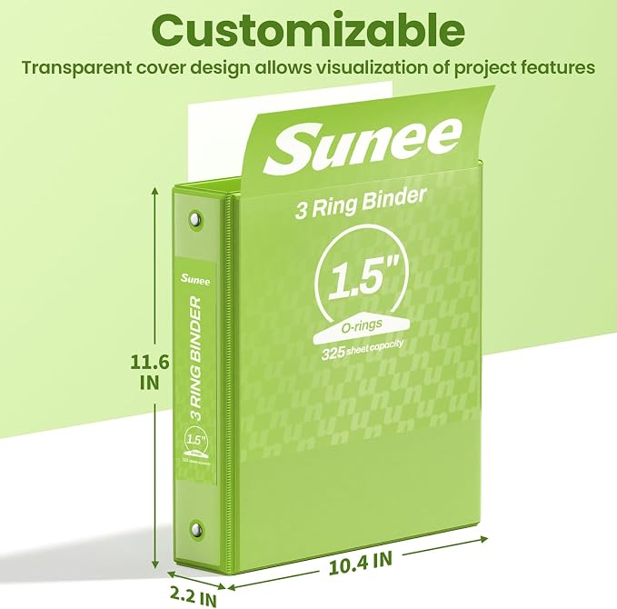 SUNEE 3 Ring Binder 1.5 Inch 1 Pack, Clear View Binder Three Ring PVC-Free (Fit 8.5x11 Inches) for School or Office Supplies, Tender Green