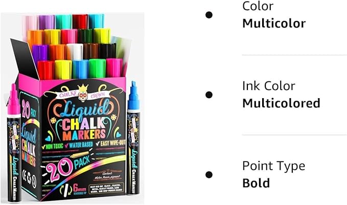 CHALKY CROWN Liquid Chalk Markers - Bold Chalkboard Markers- 20 Pack, 6mm | 20 Bold Vibrant Colors for Glass, Windows, Blackboards & Signs - Reversible Chisel & Bullet Tips - Non-Toxic Ink Base