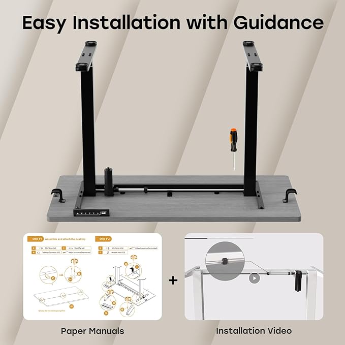 Grey Standing Desk, 48 X 24 Inch Adjustable Height Electric Table, Sit Stand Desk with 2 Hooks, Ergonomic Rising Workstation with Splice Board
