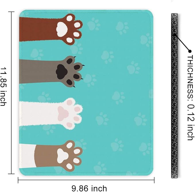 Auhoahsil Mouse Pad, 12 x 10 in Cute Cat Paws Theme Computer Mouse Pad for Desk, Premium-Textured Non-Slip Rubber Stitched Edges Waterproof Square Mouse Mat for Gaming Work Wireless Mice, Green