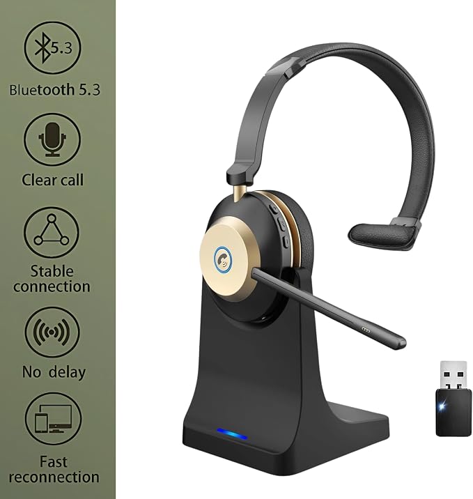 Bluetooth Headset, Wireless Headset with Mic for Work, Bluetooth 5.3, Wireless Headphones with AI Noise Cancelling Microphone (Clear Calls & Mic Mute), for Computer/PC/Laptop, USB Dongle.