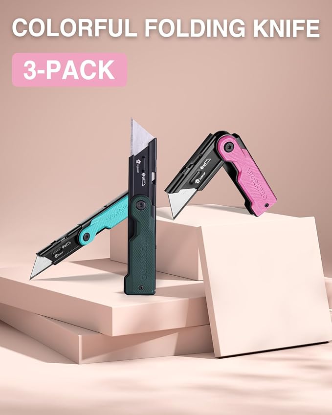 WORKPRO 3-Pack Folding Utility Knife Set, G10 Handle, Multicolor | Box Cutter with 10 Extra SK5 Blades, Quick-Change Razor Knife with Belt Clip, EDC Utility Knife for DIY, Office, Home