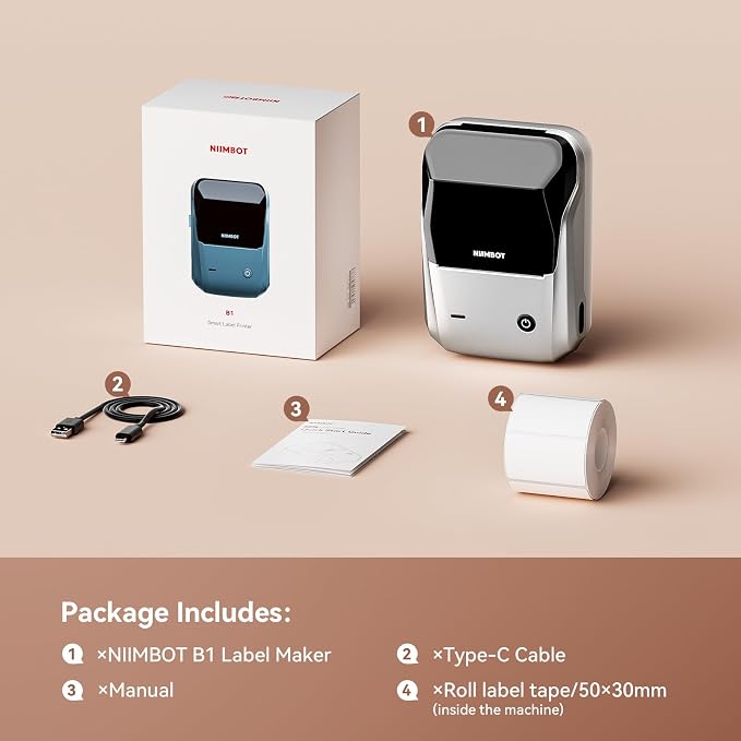 NIIMBOT B1 Label Maker Machine with Tape for Home and School, Silver Gray | 2 Inch Portable Label Printer Bluetooth Thermal Sticker Printer for Small Business Labeling, Compatible with Phones & PC