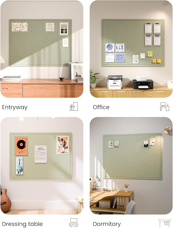 Fluxynara 47.2" x 35.4" Large Bulletin Board, Sage | Cork Board Alternative with 24 Removable Adhesive Tabs, Foldable Felt Pin Board for Home, Office, Classroom & Dorm
