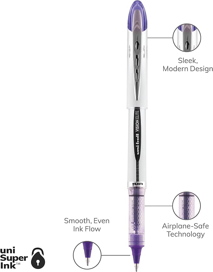 uniball Vision Elite Rollerball Pens, Bold Point (0.8mm), Violet, 12 Pack