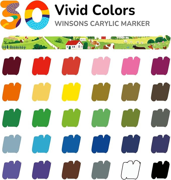 WINSONS Acrylic Markers, 30 Dual-Tip Paint Pens for Rock Painting, Colouring Books, Mugs, Canvas Shoes, Metal, Scrapbooking - Quick Dry, Brush & Fine, Drawing Markers