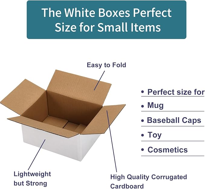 25 Pack Shipping Boxes 8x6x4 Inches, White Corrugated Cardboard Mailing Box for Packing, Mailing, Small Business