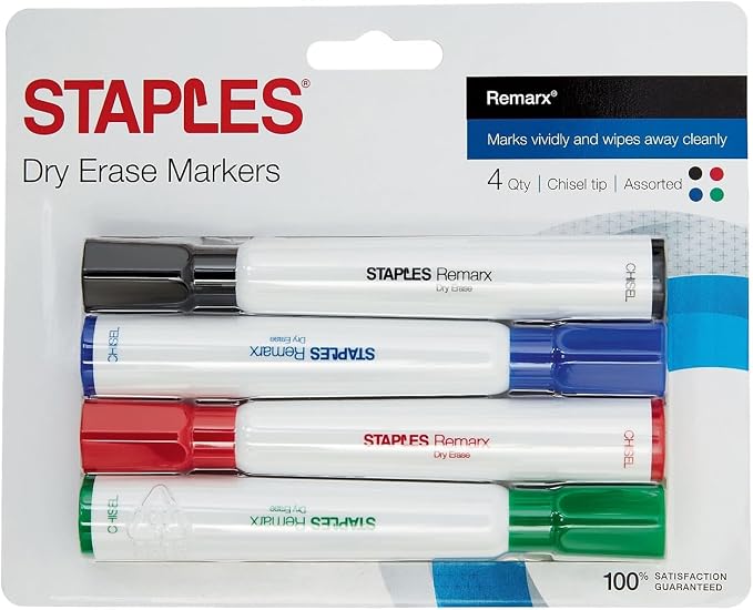 STAPLES Remarx Dry Erase Markers, Chisel Point, Assorted, 12/Ctn | Bold whiteboard markers, low odor, for office and classroom use.