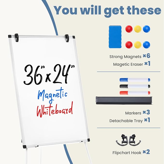 NEWBULIG Magnetic Dry Erase Board 36" x 24", White Board with Adjustable Stand, Heavy-Duty Aluminum Frame & Accessory Tray for Office, Classroom, Home & Presentations, White