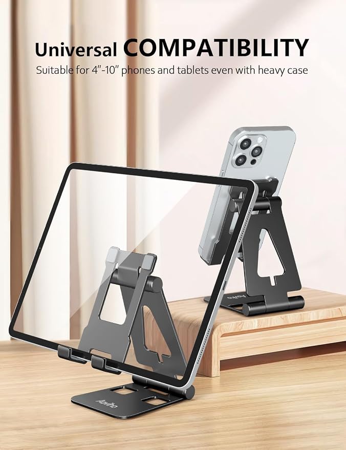 Aoviho Foldable Cell Phone Stand for Desk, Holder for iPhone,Black | Folds Flat for Easy Storage, Hands-Free Viewing, Fits iPhone 17/16/15 Series & Samsung Galaxy, Ideal for Office & Home
