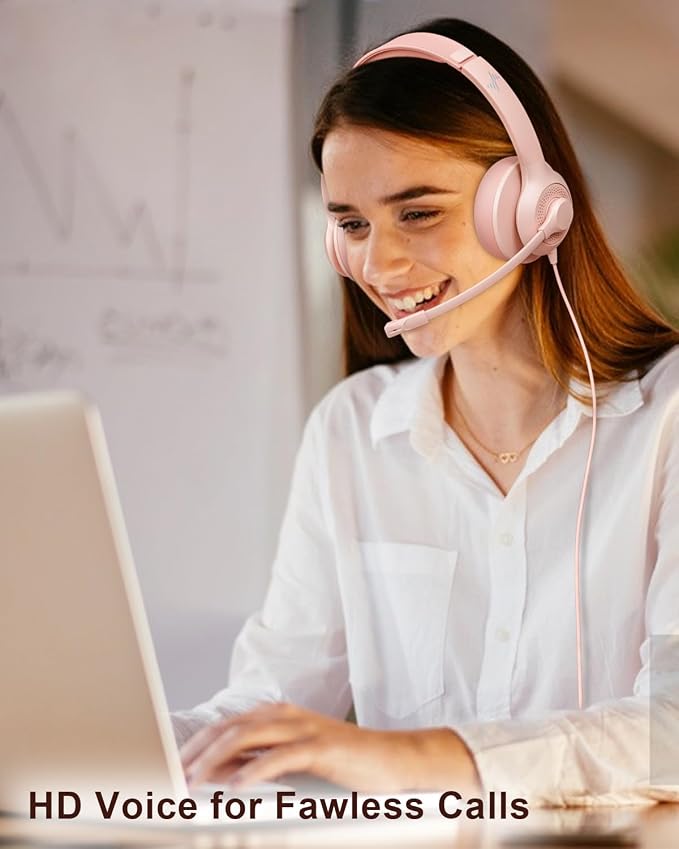 JIAMQISHI USB Headset with Microphone for PC, On-Ear Computer Laptop Headphones with Noise Cancelling Mic in-line Control for Home Office Online Class Zoom (USB+3.5mm, Pink)