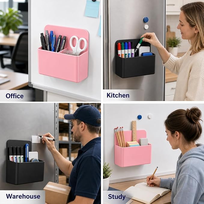 Magnetic Pencil Pen Holder, 2PCS Dry Erase Marker Holder for Whiteboard, Black Pink Magnet Storage Pencil Cup Case Fridge Organizers Locker Accessories for Office School Classroom Teacher Must Haves