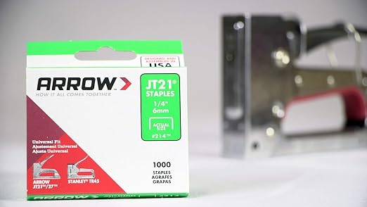 Arrow 214 JT21 Thin Wire Staples for Staple Guns and Staplers, Use for Upholstery, Crafts, General Repairs, 1/4-Inch Leg Length, 7/16-Inch Crown Width, 1000-Pack, Grey | 1/4" Leg Length, 7/16" Crown Width, Heavy-Duty Galvanized Steel, Use for Upholster...