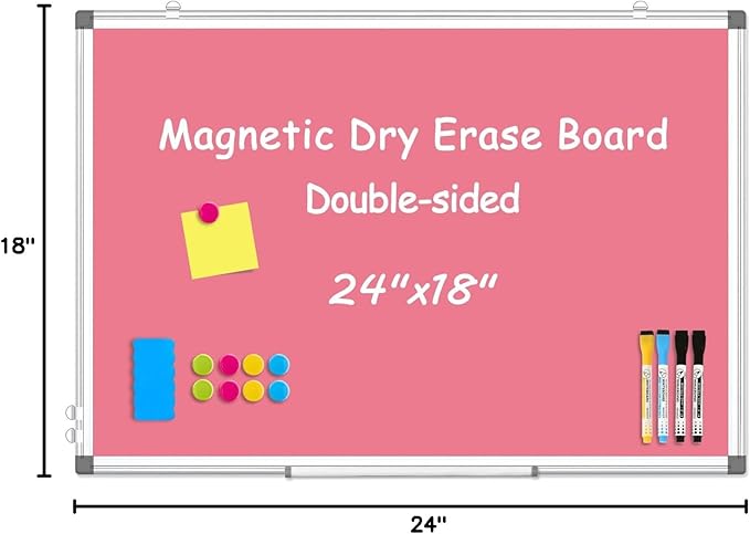 Double-Sided White Board Dry Erase Magnetic Whiteboard Wall 24x18 Pink | Smooth Write & Clean, Durable 11-Layer, Aluminum Frame, Easy Wall Mount & Hanging, Full Kit for Home, Office, School