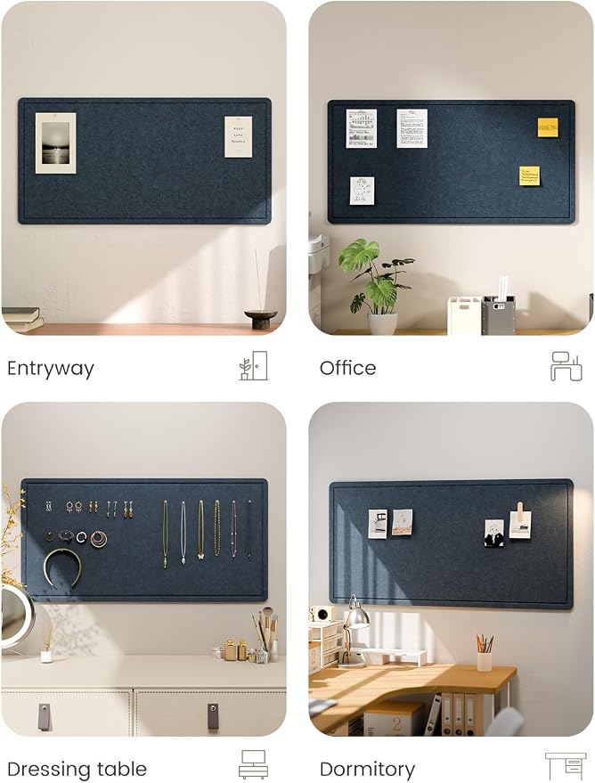 Fluxynara 35" x 17.1" Bulletin Board, Carbon Blue | Cork Board Alternative with 12 Removable Adhesive Tabs, Foldable Felt Pin Board for Home, Office, Classroom & Dorm