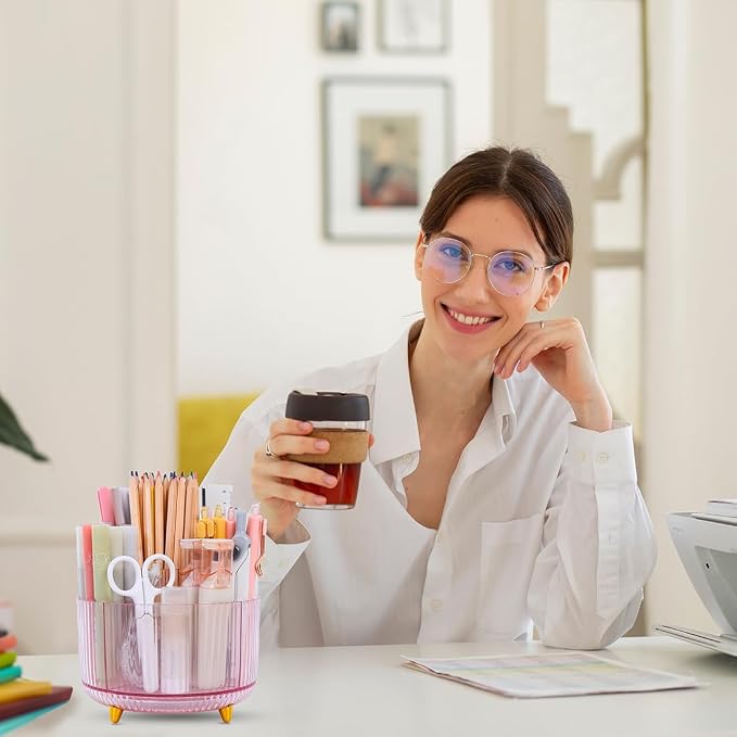 SKYDUE Rotating Pencil Pen Holder, Pen Organizer with 5 Slots - Aesthetic Desk Organizer and Accessories for School, Home, Office Supplies