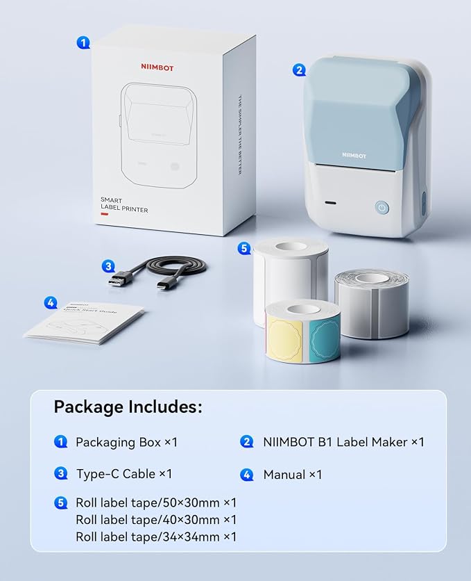 NIIMBOT B1 Label Maker with Tapes Set, 2 Inch Thermal Printer, Sky Blue | Labeling for Home Office School Small Business, Crafts, Retail,Support Smartphones & PC,Come With 3 Rolls Tapes