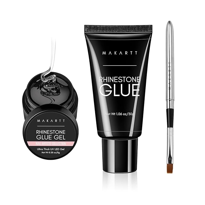 Makartt 2pcs Nail Rhinestone Glue Gel with Brush Pen Set, 38ml Clear Nail Gem Glue Gel Super Strong Adhesive Nail Art Glue Gel for Nail Decorations 3D Stones Charms Flowers(Nail Lamp Needed,8ML+30ML)