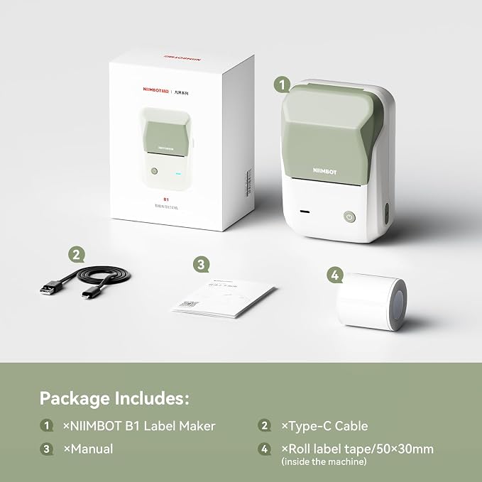 NIIMBOT B1 Label Maker Machine with Tape for Home and School, Green White | 2 Inch Portable Label Printer Bluetooth Thermal Sticker Printer for Small Business Labeling, Compatible with Phones & PC