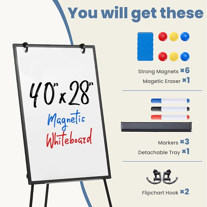 NEWBULIG Magnetic Dry Erase Board 40" x 28", White Board with Adjustable Stand, Heavy-Duty Aluminum Frame & Accessory Tray for Office, Classroom, Home & Presentations, Black