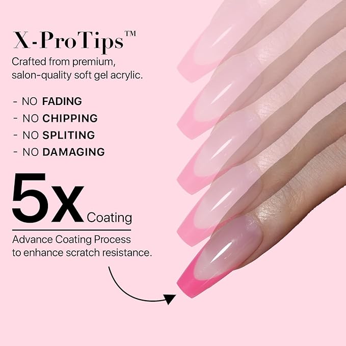 SXC Cosmetics French Tip Press On Nails 150 Pieces in 15 Sizes Ultra Fit with Pre-applied Tip Primer and Base Coat, No Need to File Fake Nails for Nail Art DIY X-Pro Tips (5PINK120-M Coffin)