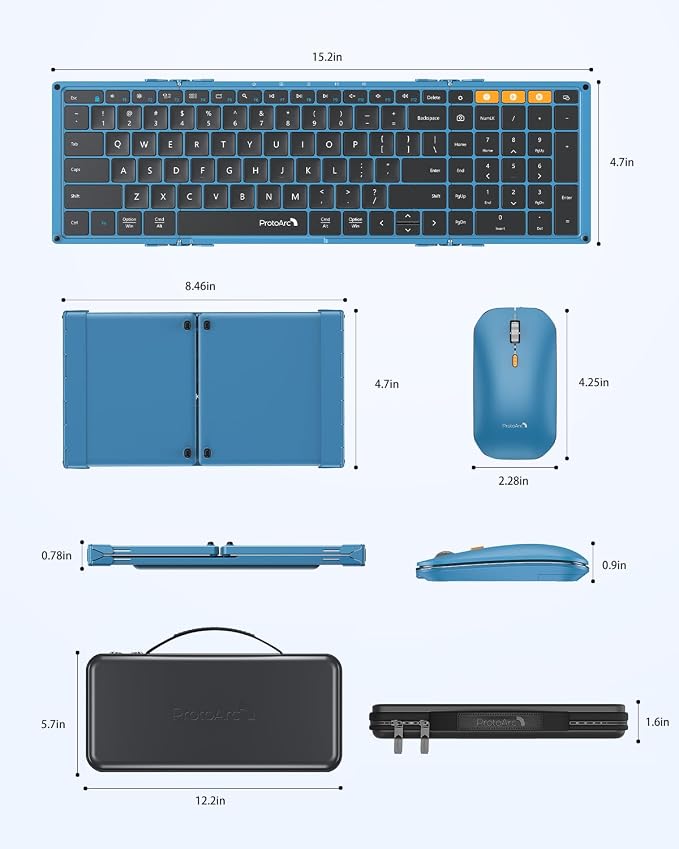 ProtoArc XKM01 Full-Size Foldable Keyboard Mouse Combo for Travel - Blue | 105-key keyboard, slim mouse, hard case and phone stand; 3-device Bluetooth & 2.4G switching, for travel office use
