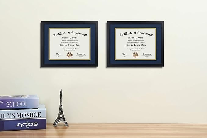 ELSKER&HOME 8.5x11 Certificate Frame with Blue Mat 2Pack- Classic Black Color Frame - Displays Diploma 8.5x11 Inch with Mat - 11x14 Inch Without Mat - For Document/Photo(2 Pack, Matte Blue with Gold