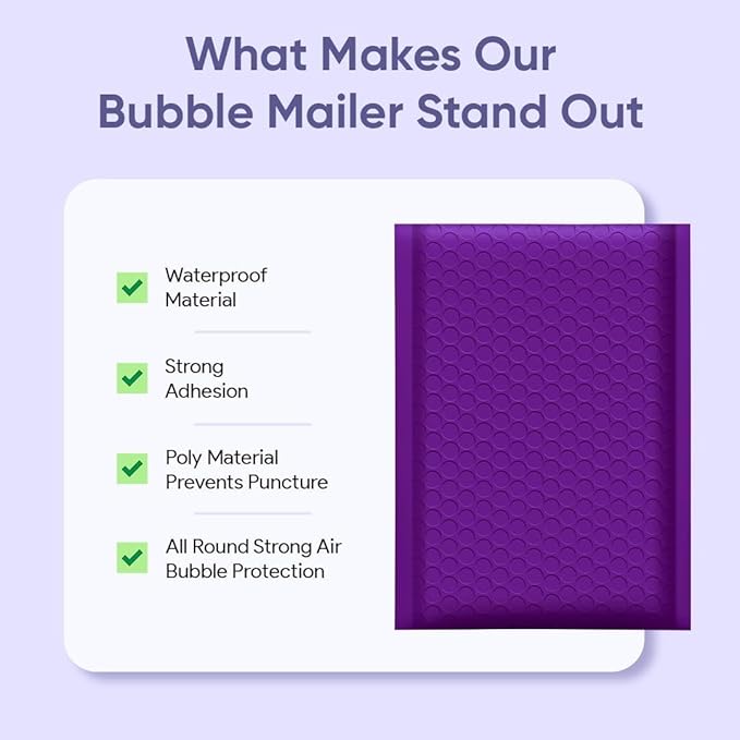 Purple Bubble Mailers 12x15, Self Seal Poly Padded Envelopes, 50 Pack | Holds Clothing & Bulk Items, No Tape Needed, Cushioned Protection, Water-Resistant Poly, Bulk Pack for Small Business