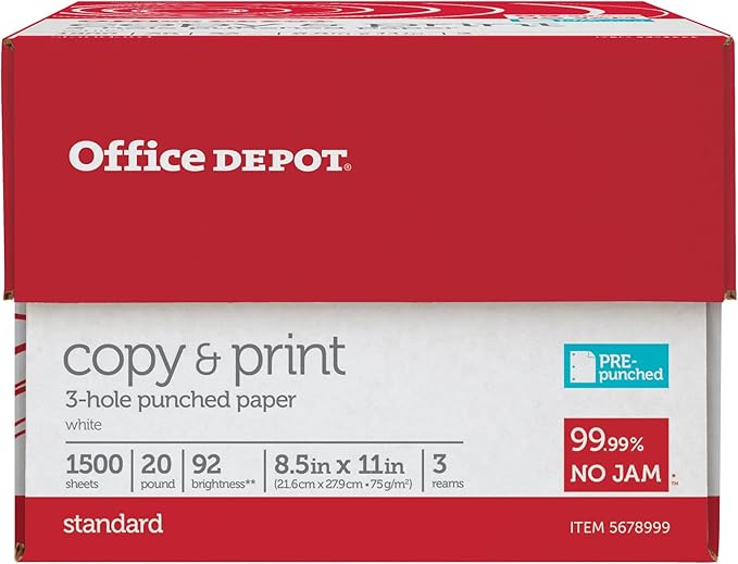 Office Depot® 3-Hole Punched Multi-Use Printer & Copy Paper, 3 Reams, White, Letter (8.5" x 11"), 1500 Sheets Per Case, 20 Lb, 92 Brightness