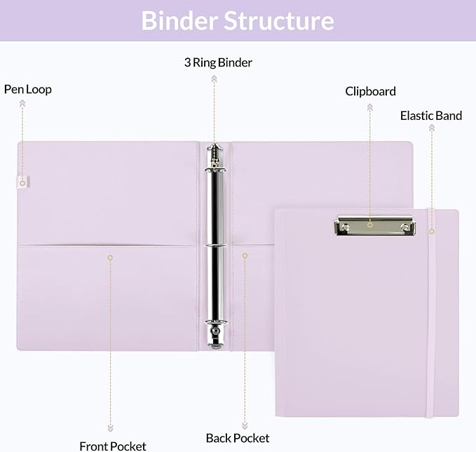 SKYDUE 3 Ring Binder with Clipboard 1 Inch, 13.2" × 10.2" PU Clipboard Binder with Notepad & 5 Dividers with 5 Pockets, Labels, Clipboard Folder Great for School Office (Fit Letter Sized Paper)