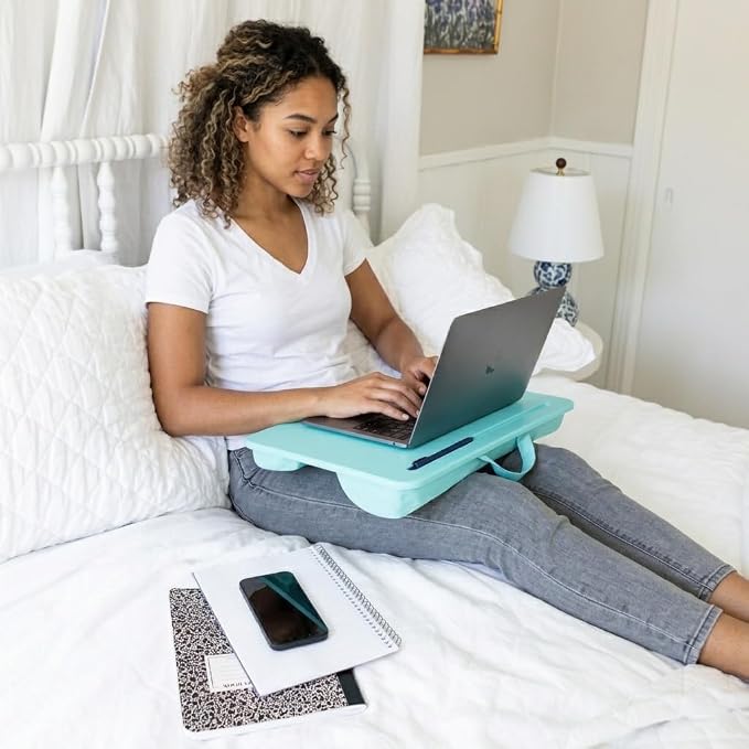 LAPGEAR The Original Lap Desk – Aqua Sky, Fits 17" Laptops | Microbead Cushion, Device Ledge, Built-In Pencil Tray, Carry Handle