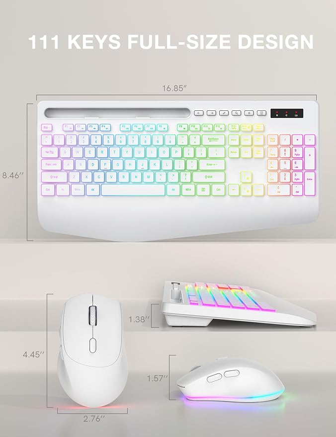 Wireless Keyboard and Mouse Combo - 9 Backlit Effects, RGB, 2.4Ghz | Ergonomic Wrist Rest, Phone Holder, Rechargeable, Full Size, KM22 MAX Silent Set for Computer, Laptop, Mac, Windows (White)