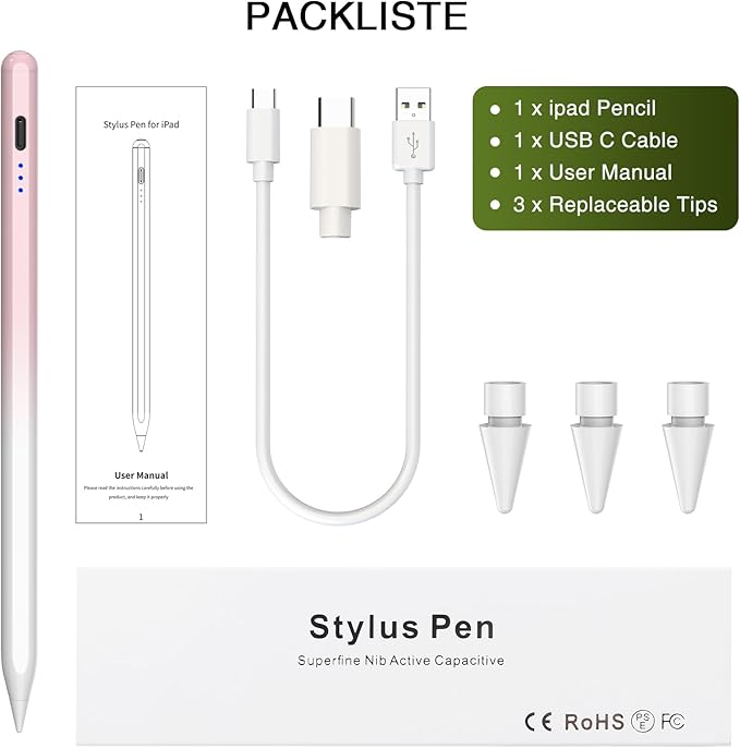 Stylus Pen for iPad 2018-2025, 15 Mins Fast Charging Pencil 1st Gen with Tilt & Palm Rejection Digital Pens Stylus for iPad 6-11, Air 3/4/5/M2/M3, Mini 5/6/7, Pro 11"/12.9"/M4 M5 (Pink White)