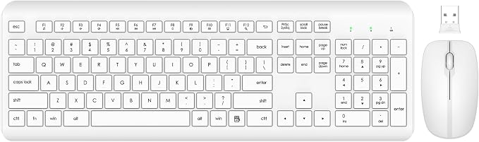 Wireless Keyboard and Mouse Combo, Full Size Silent Ergonomic Keyboard and Mouse, Long Battery Life, Optical Mouse, 2.4G Lag-Free Cordless Mice Keyboard for Computer, Mac, Laptop, PC, Windows(White)