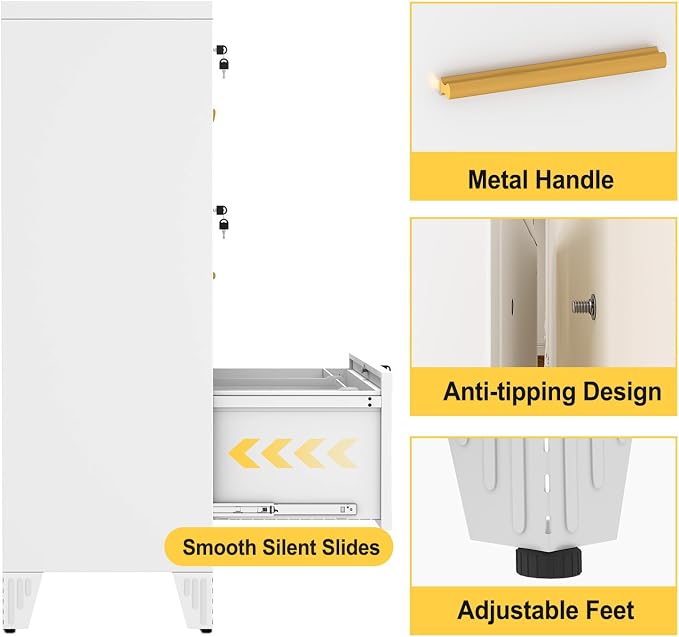 3 Drawer File Cabinet with Lock, Wide Metal Cabinet for Home Office | Wide lateral file cabinet for Letter, Legal, A4 and F4 hanging folders; individual locks, adjustable feet, anti-tip design