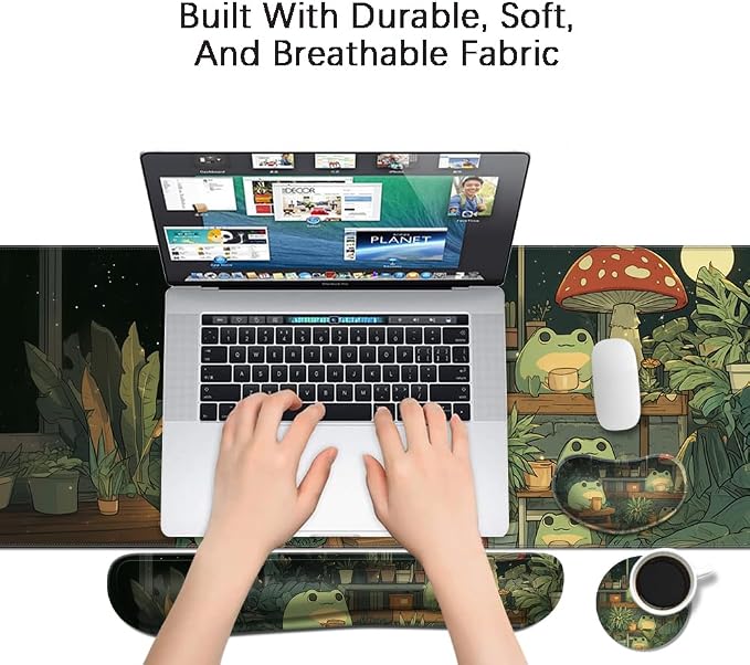 Desk Mat, Large Gaming Mouse Pad with Wrist Rest, 4 in1 XXL Mouse pad+Keyboard Wrist Rest+Mouse Pad Wrist Support+Cup Coaster Set, Ergonomic Desk Pad for Home Office,Cute Frog