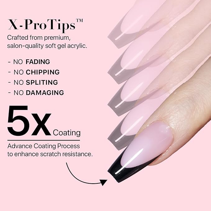 SXC Cosmetics French Tip Press On Nails 150 Pieces in 15 Sizes Ultra Fit with Pre-applied Tip Primer and Base Coat, No Need to File Fake Nails for Nail Art DIY X-Pro Tips (BLACK120-M Coffin)