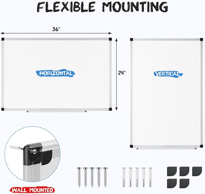 DUMOS Magnetic White Board Kit for Wall 36" x 24", Dry Erase Board with 1 Dry Eraser & 2 Multicolor Markers & 4 Magnetic Pins, Reinforced Aluminum Frame for Home, School & Office