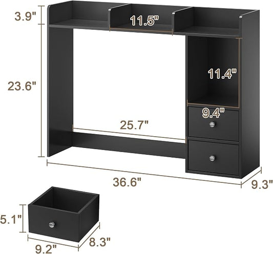 ChooChoo Desktop Bookshelf with LED Lights and 4 Shelves | 36.6", 2 Drawers, Fits 27" Monitor, Desk Organizer Shelf, Dorm Office Home, Black