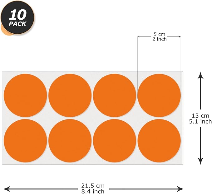 Orange Round Stickers 2 Inch Waterproof Vinyl Coding Labels 80 PCS | Strong adhesive, Removable, Tear- & Scratch resistance, Easy to peel, Glossy finish, Writable dots for crafts office school